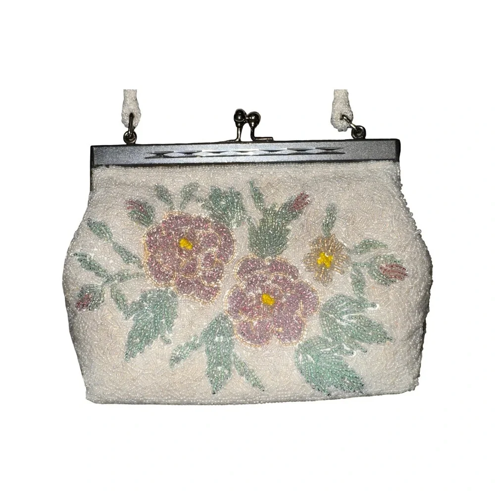 CMC Taiwan Beaded Handbag Womens White 1950s‎ Floral Kiss Lock Evening Bag